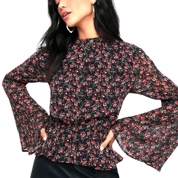 Lulus Boho Blouse Bell Sleeve with Crochet Lace Details Peplum Style High Neck - Picture 5 of 14